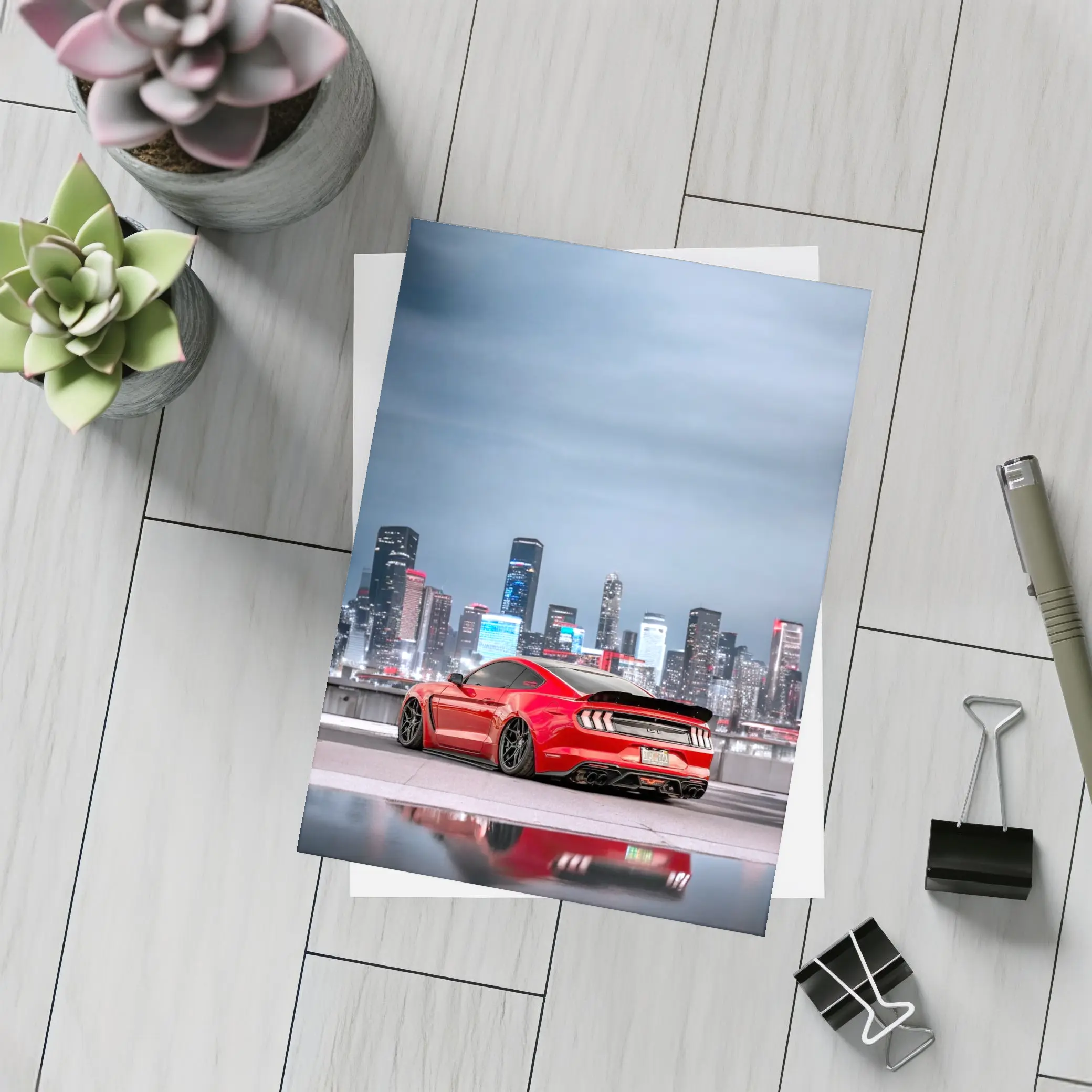 Ford Mustang Red Sports Car City Skyline – Postcards