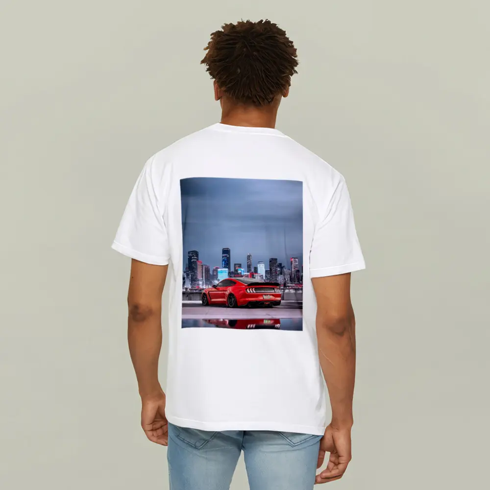 Ford Mustang Red Sports Car City Skyline – T-Shirts