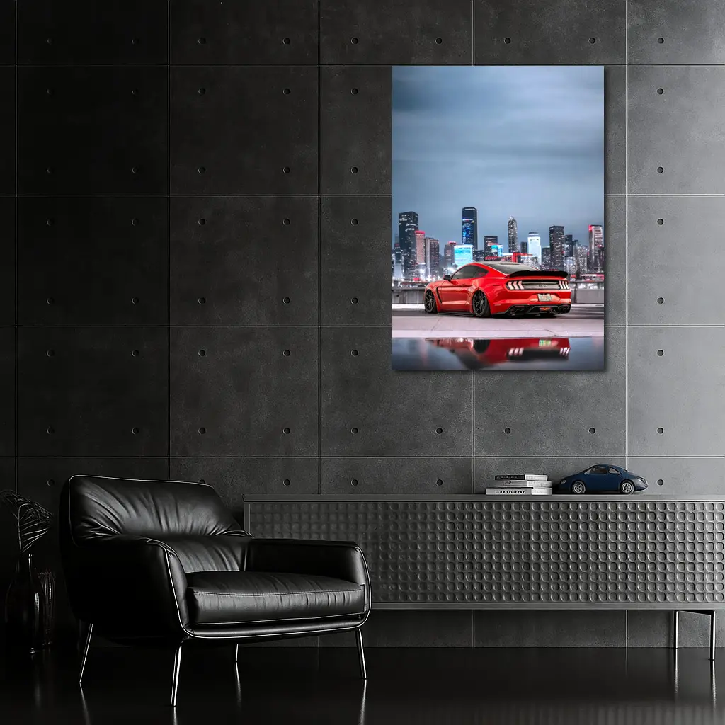 Ford Mustang Red Sports Car City Skyline – Wall Art