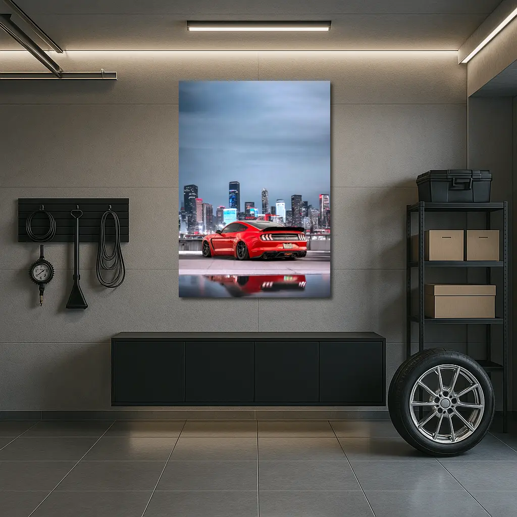 Ford Mustang Red Sports Car City Skyline – Wall Art