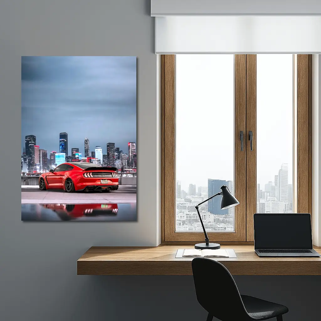 Ford Mustang Red Sports Car City Skyline – Wall Art