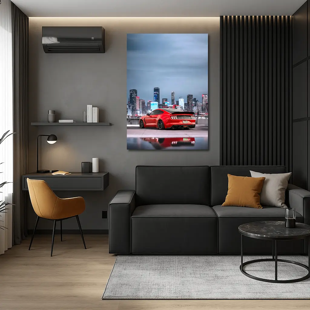 Ford Mustang Red Sports Car City Skyline – Wall Art