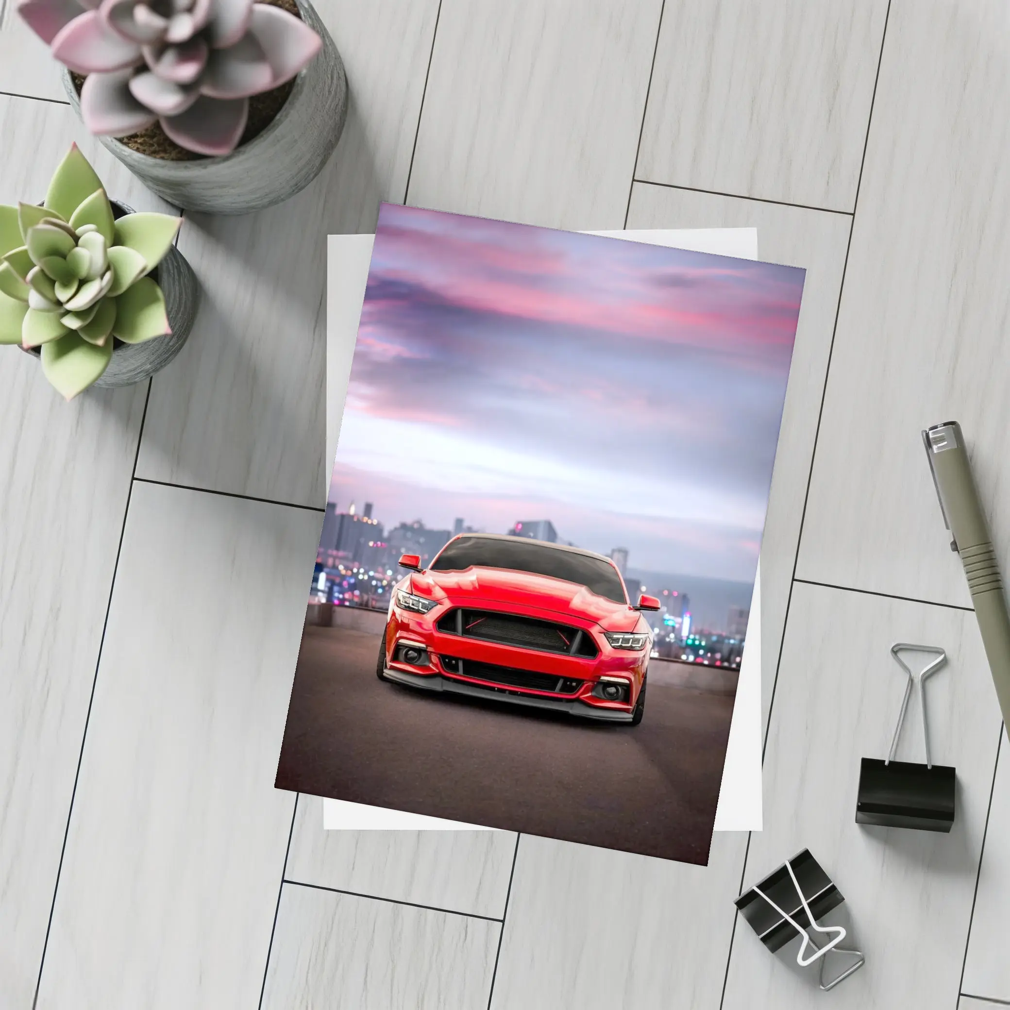 Ford Mustang Red City Skyline Dusk – Postcards