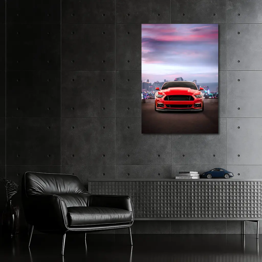 Ford Mustang Red City Skyline Dusk – Wall Art