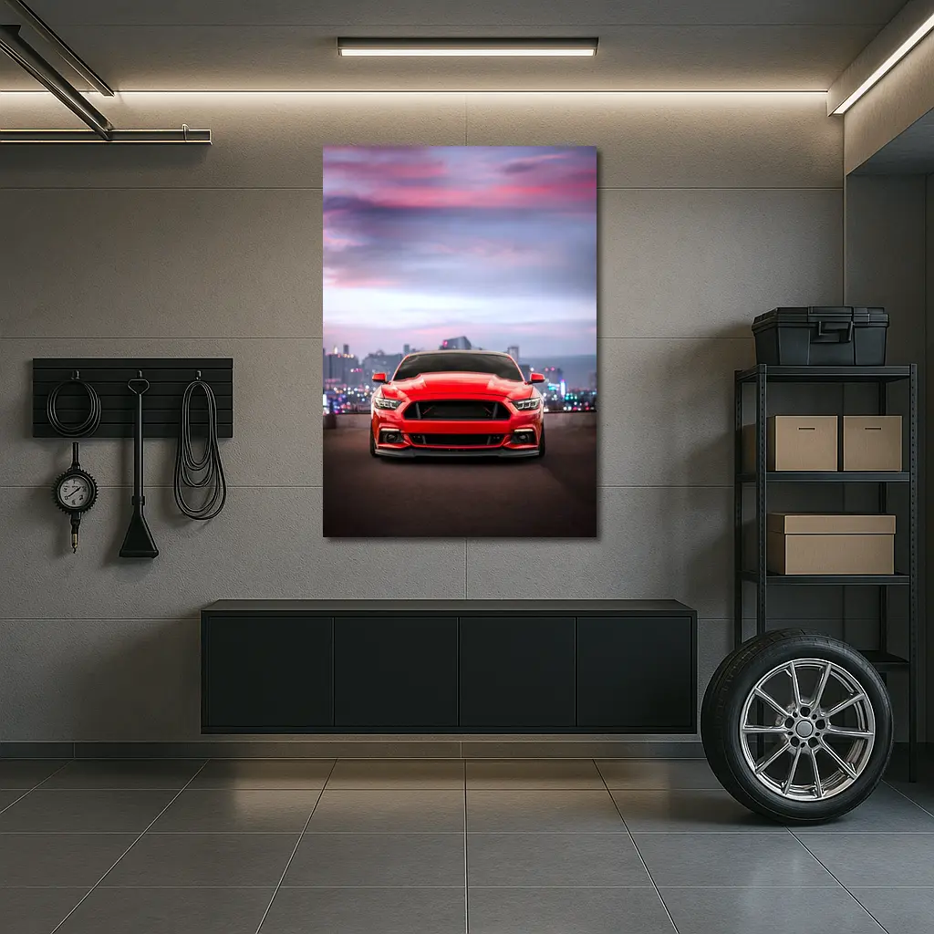 Ford Mustang Red City Skyline Dusk – Wall Art