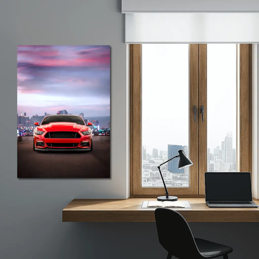 Ford Mustang Red City Skyline Dusk – Wall Art