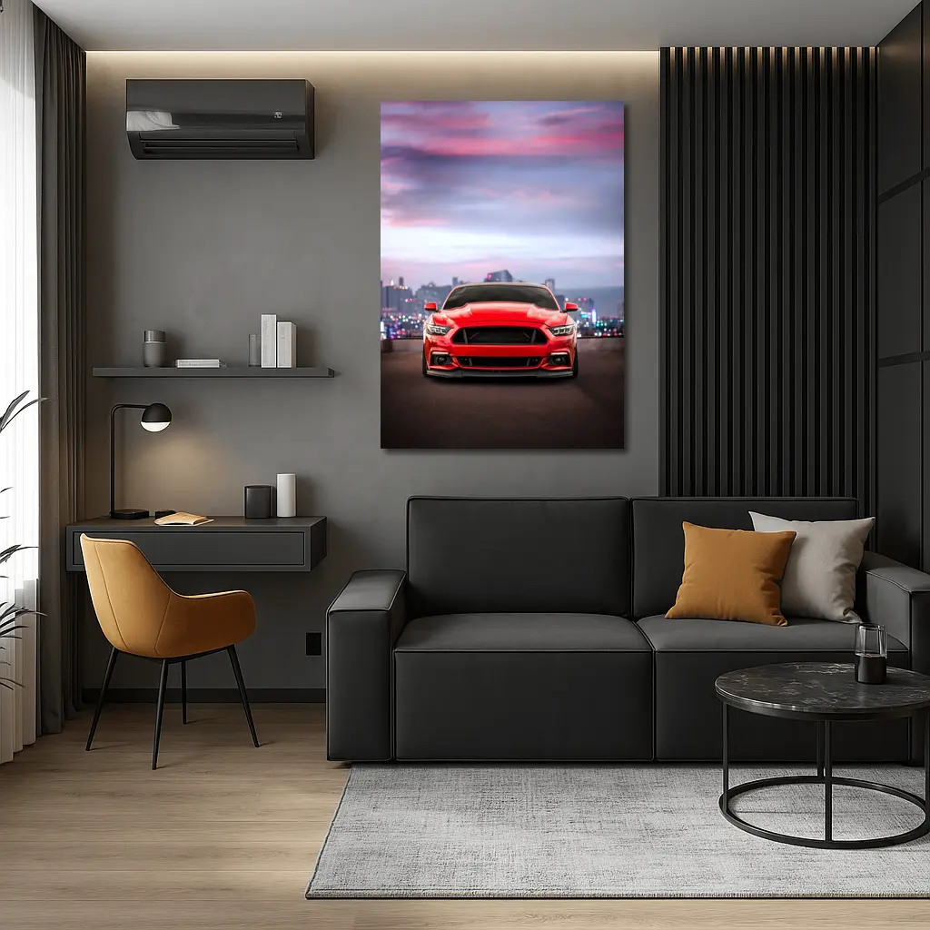 Ford Mustang Red City Skyline Dusk – Wall Art