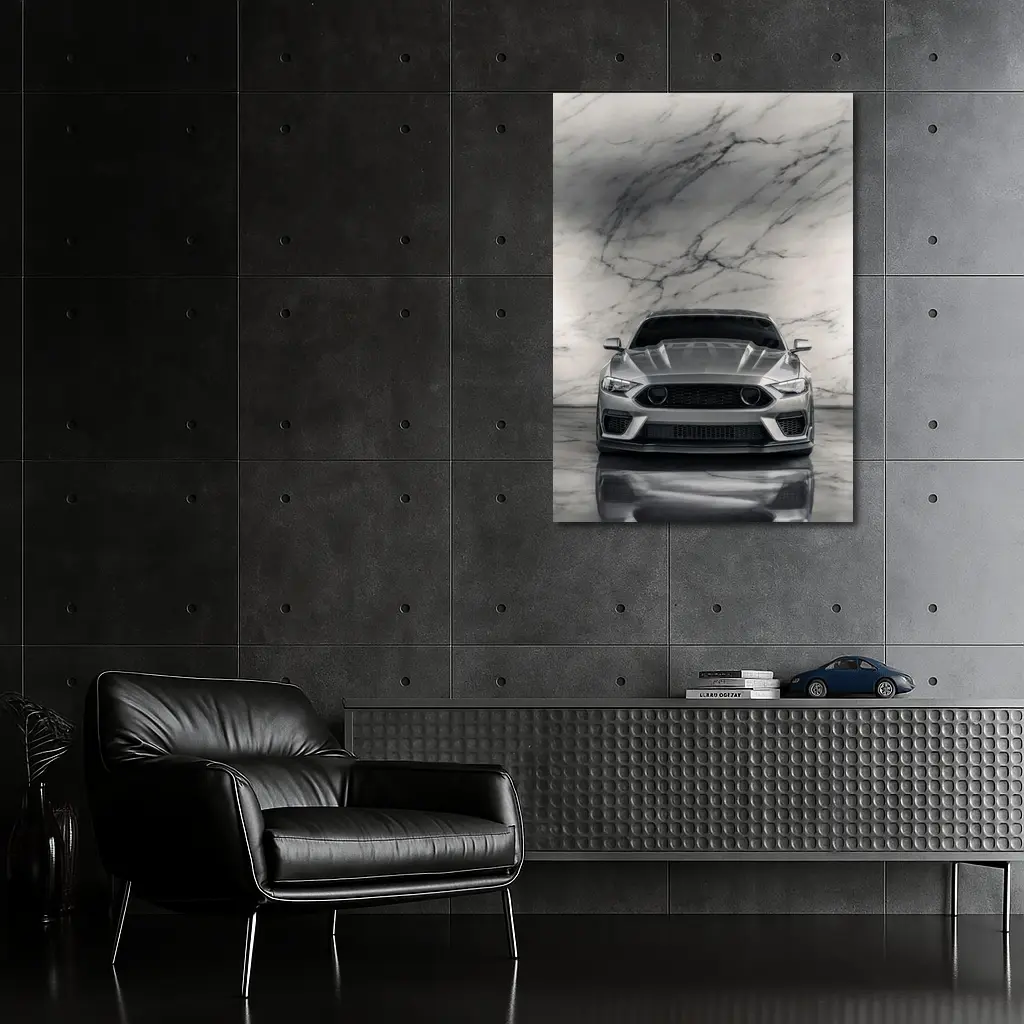 Ford Mustang Silver Marble Studio Front View – Wall Art