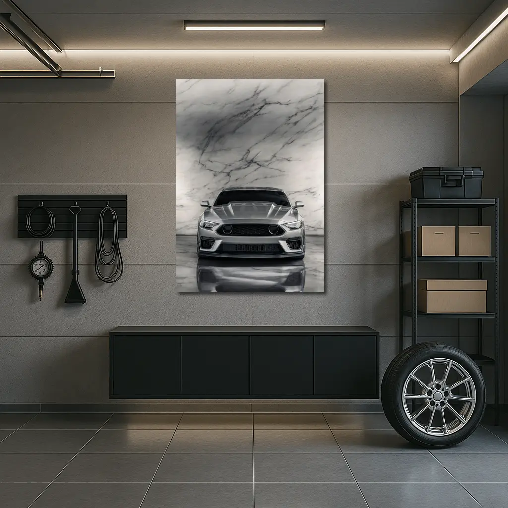 Ford Mustang Silver Marble Studio Front View – Wall Art