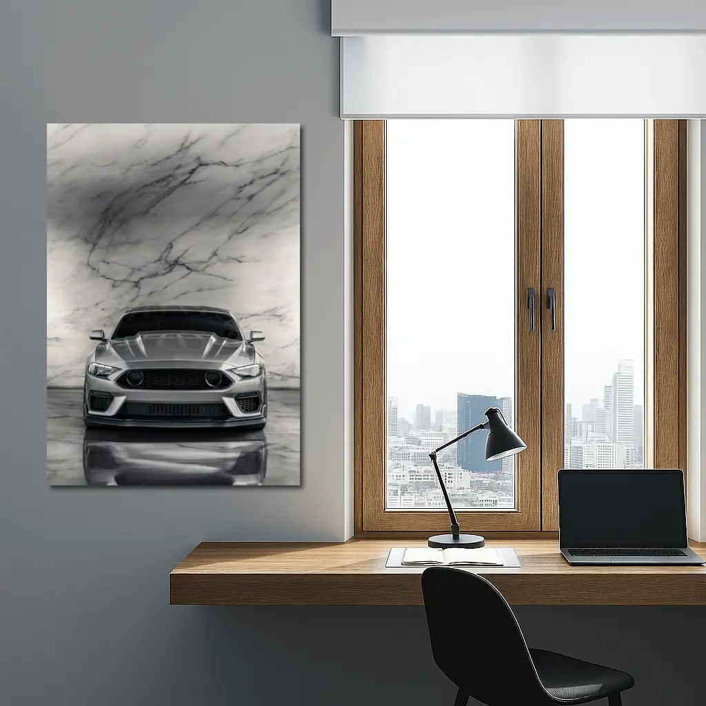 Ford Mustang Silver Marble Studio Front View – Wall Art