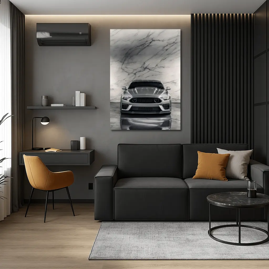 Ford Mustang Silver Marble Studio Front View – Wall Art