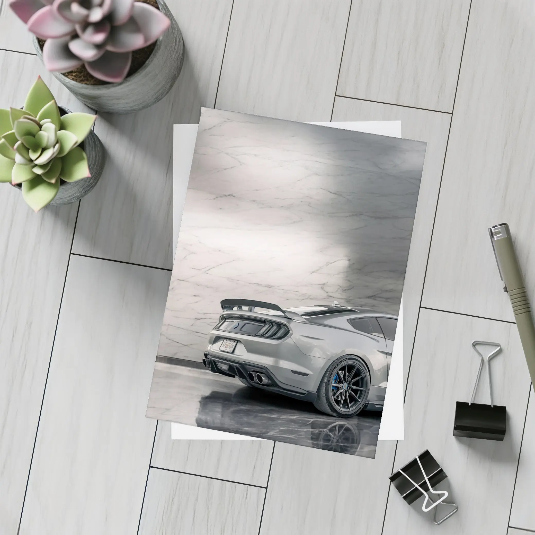 Ford Mustang Silver Rear Marble Background – Postcards