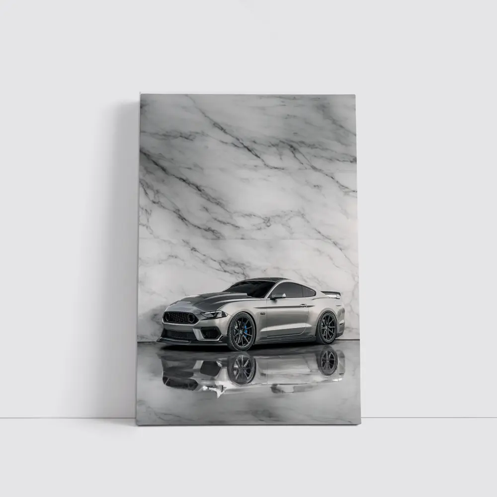 Ford Mustang Silver Against Marble Wall – Wall Art