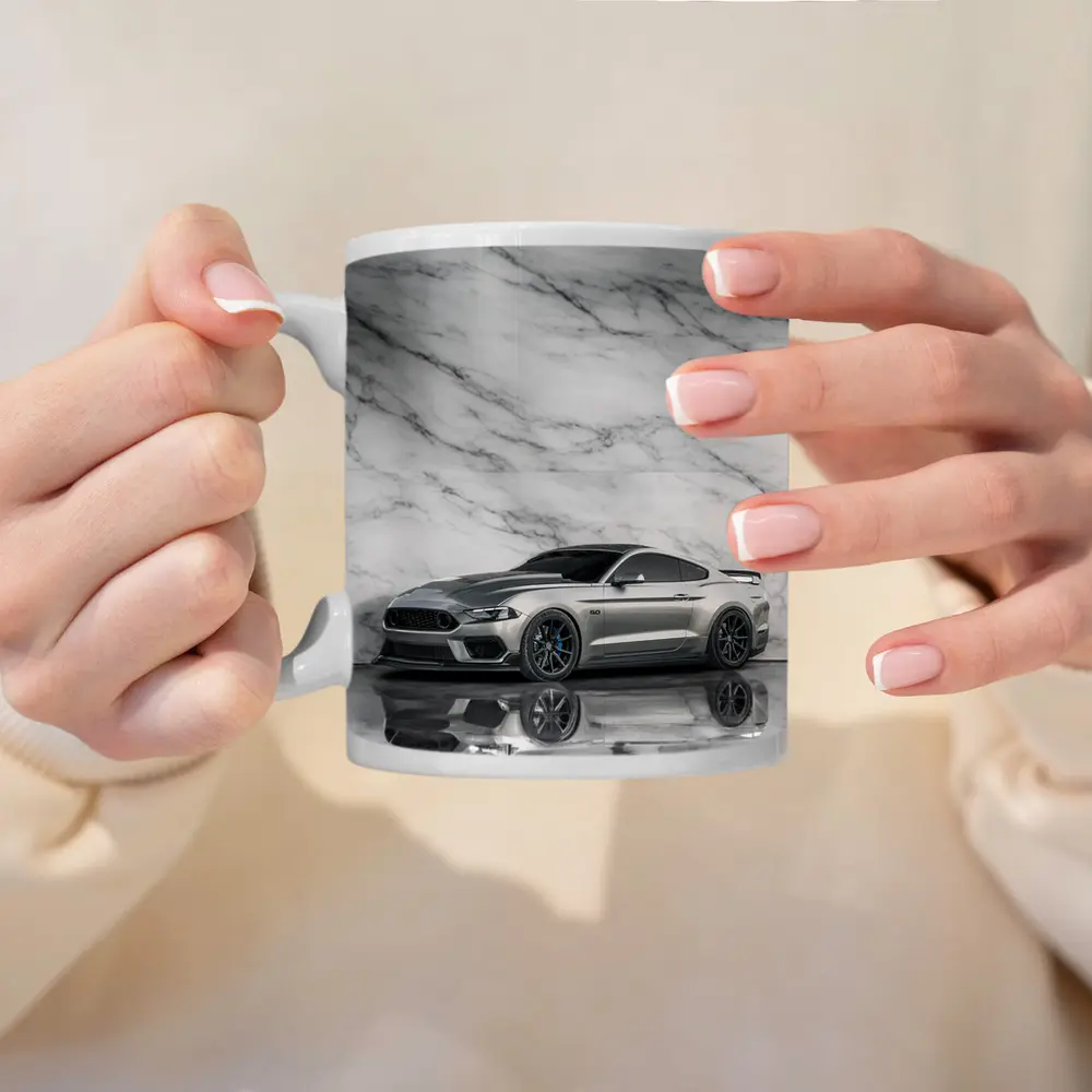 Ford Mustang Silver Against Marble Wall – Mugs