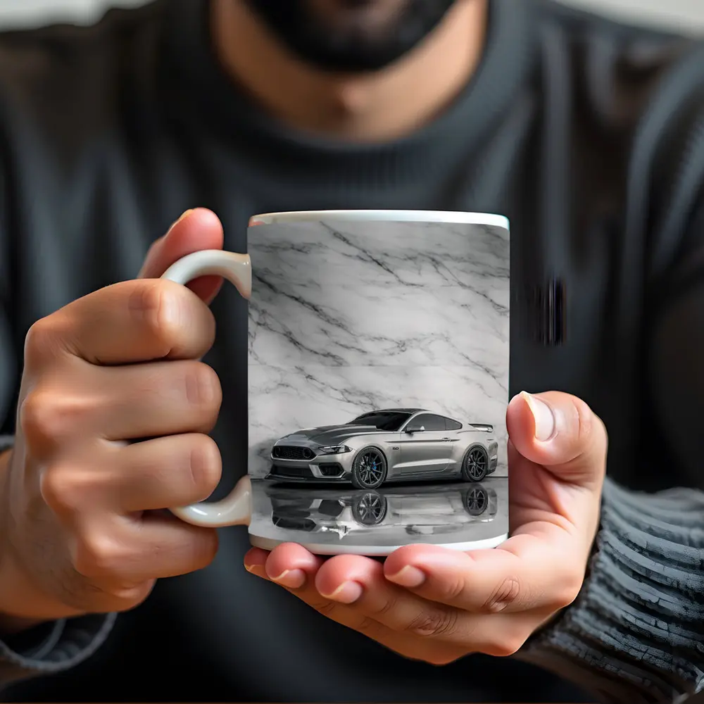 Ford Mustang Silver Against Marble Wall – Mugs