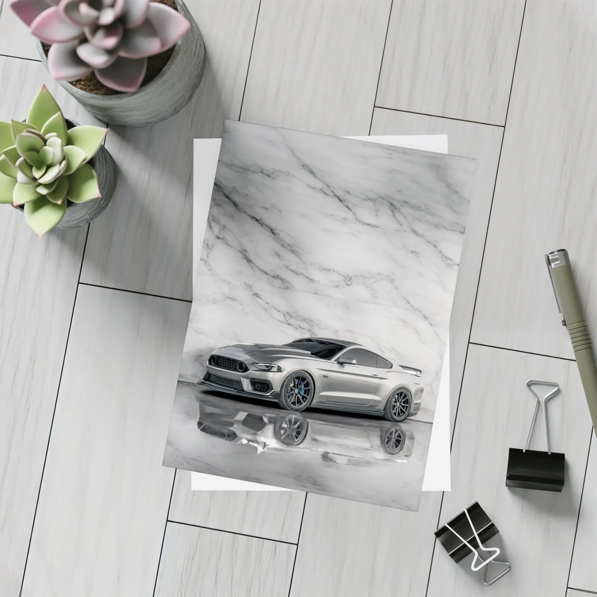 Ford Mustang Silver Against Marble Wall – Postcards