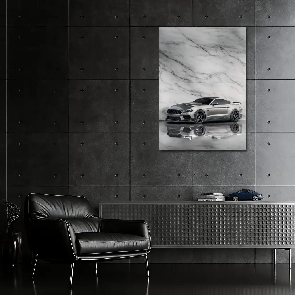 Ford Mustang Silver Against Marble Wall – Wall Art