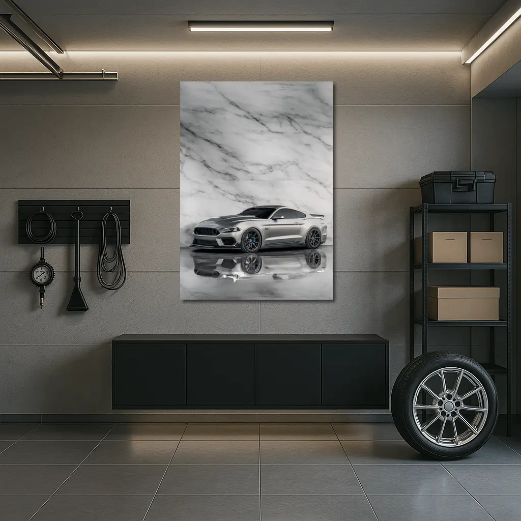 Ford Mustang Silver Against Marble Wall – Wall Art