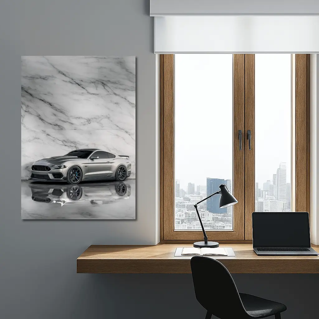 Ford Mustang Silver Against Marble Wall – Wall Art