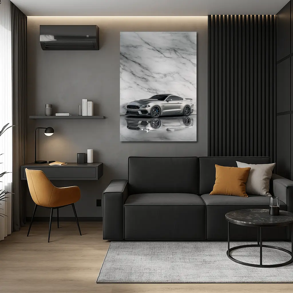 Ford Mustang Silver Against Marble Wall – Wall Art