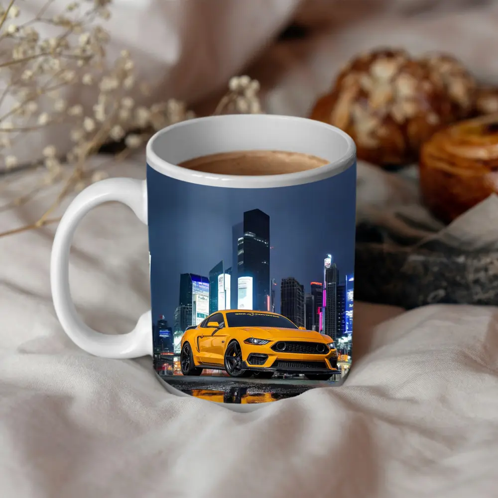 Ford Mustang Yellow Night City Skyline – Mugs