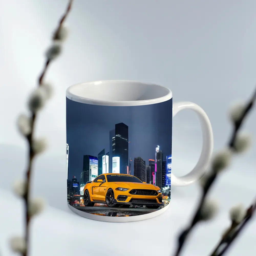 Ford Mustang Yellow Night City Skyline – Mugs
