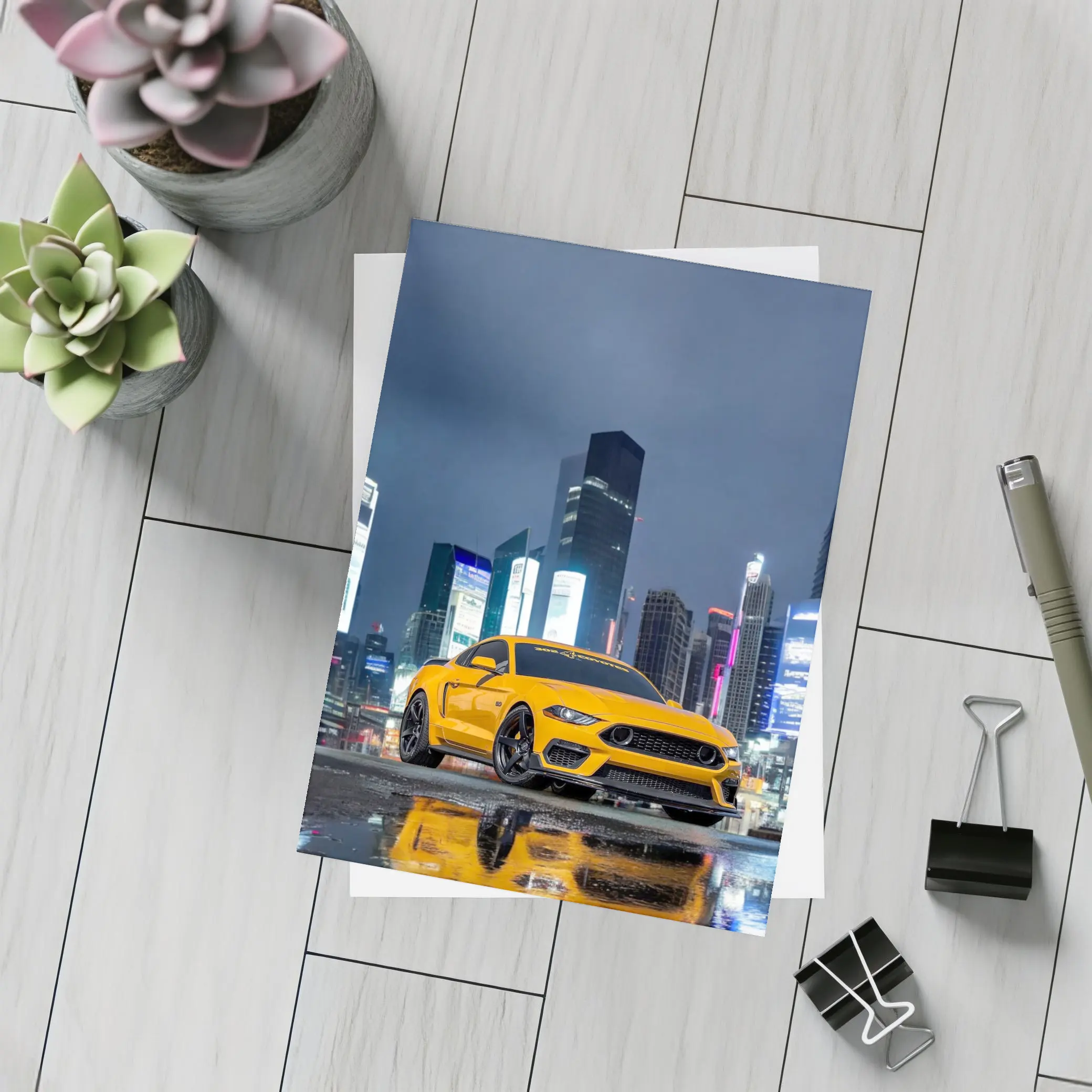 Ford Mustang Yellow Night City Skyline – Postcards