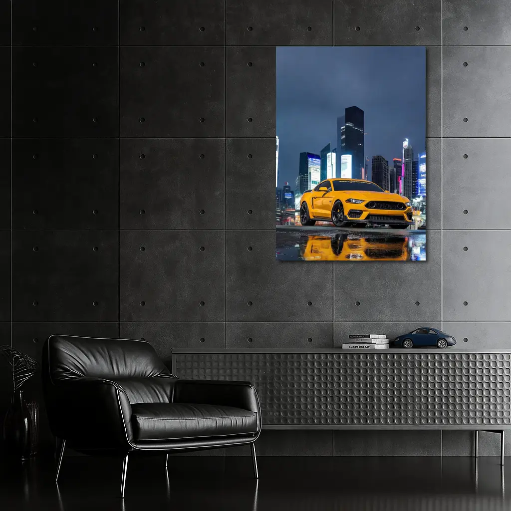 Ford Mustang Yellow Night City Skyline – Wall Art