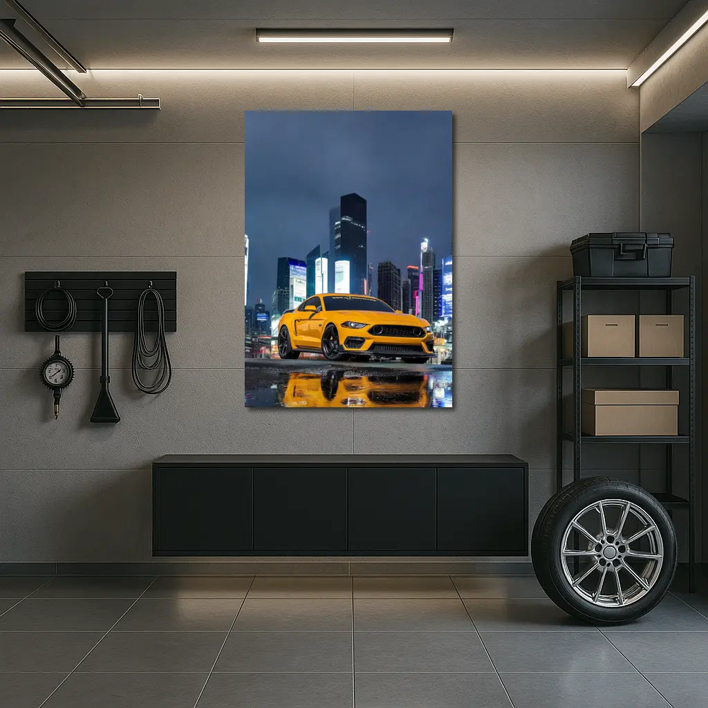 Ford Mustang Yellow Night City Skyline – Wall Art