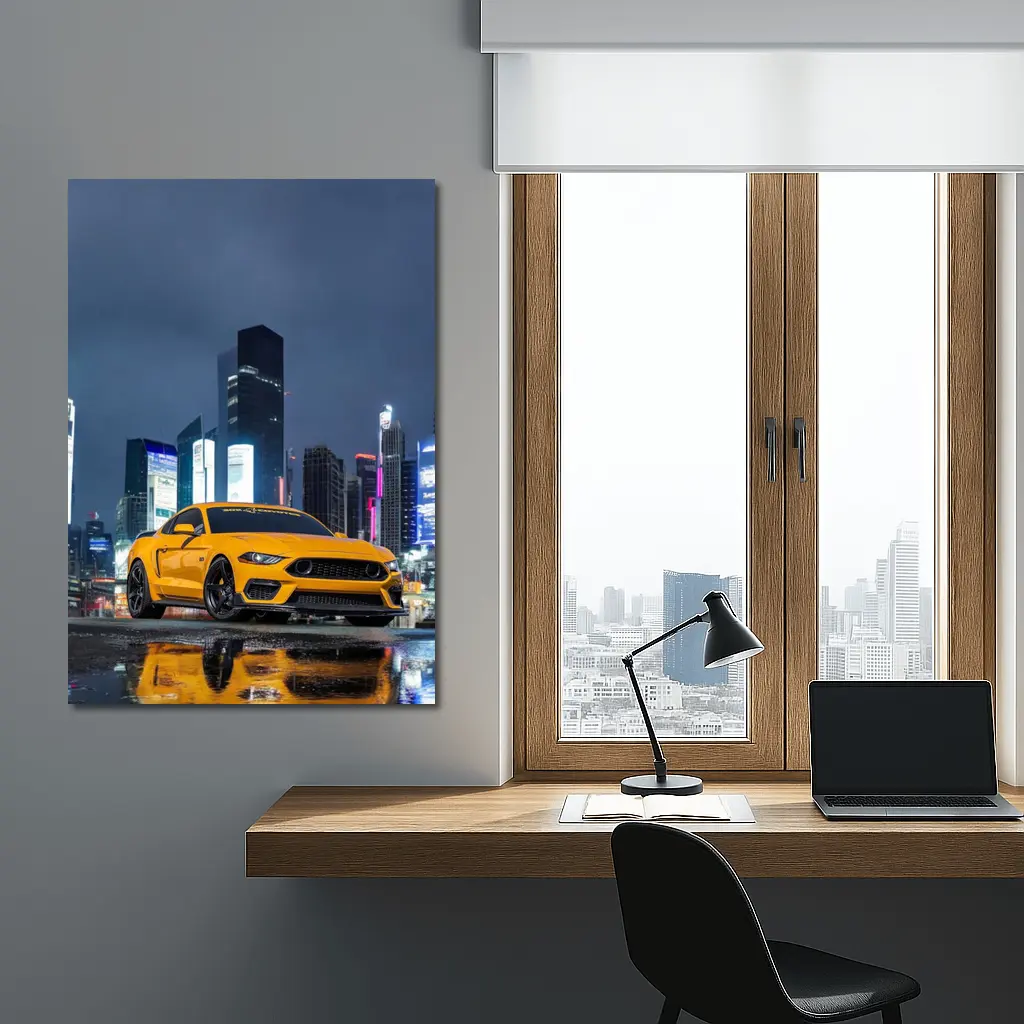 Ford Mustang Yellow Night City Skyline – Wall Art