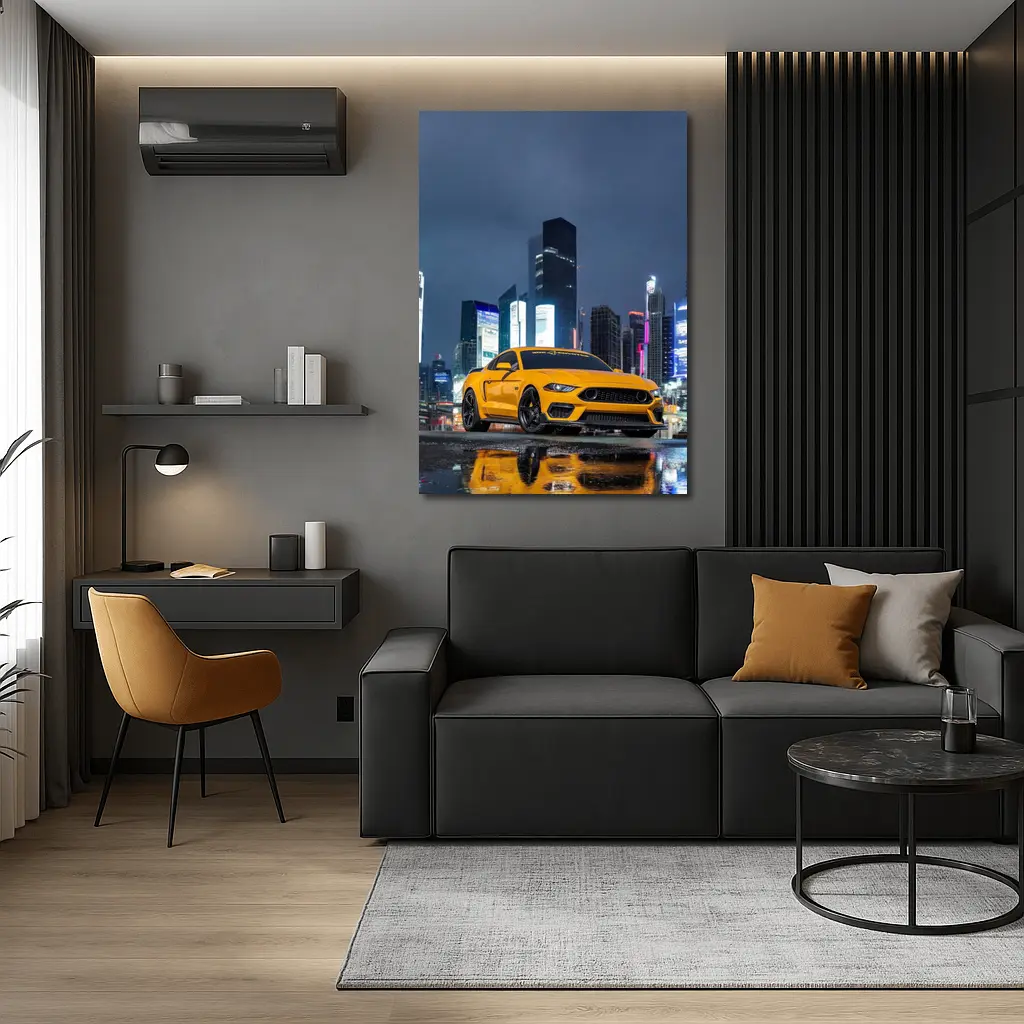 Ford Mustang Yellow Night City Skyline – Wall Art