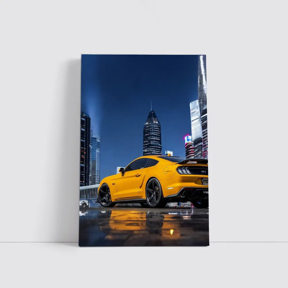 Ford Mustang Yellow Night City Skyline – Wall Art