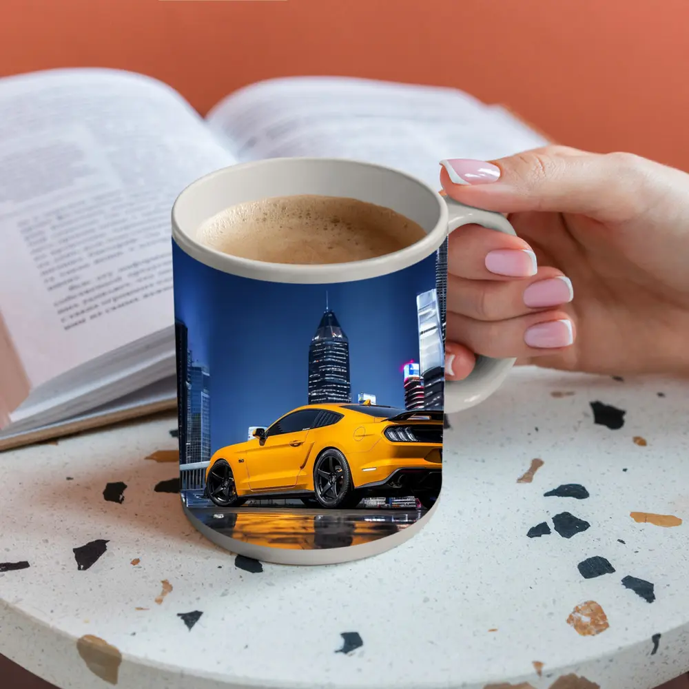 Ford Mustang Yellow Night City Skyline – Mugs