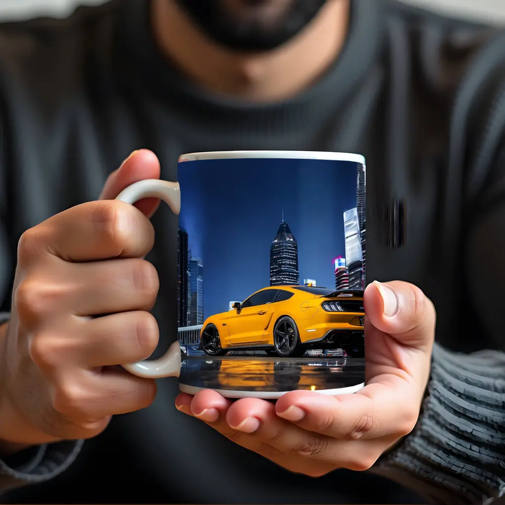 Ford Mustang Yellow Night City Skyline – Mugs