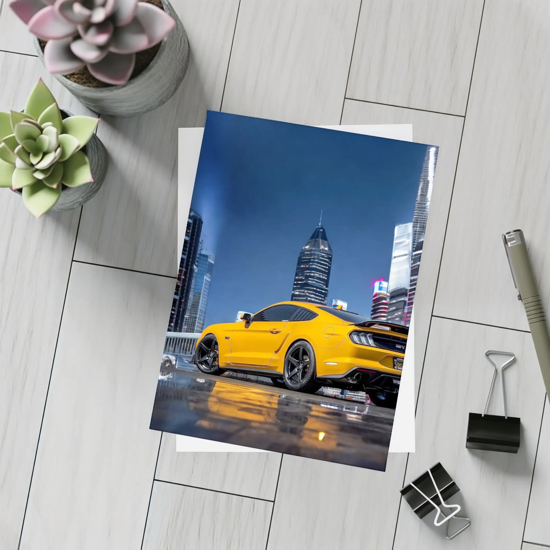Ford Mustang Yellow Night City Skyline – Postcards