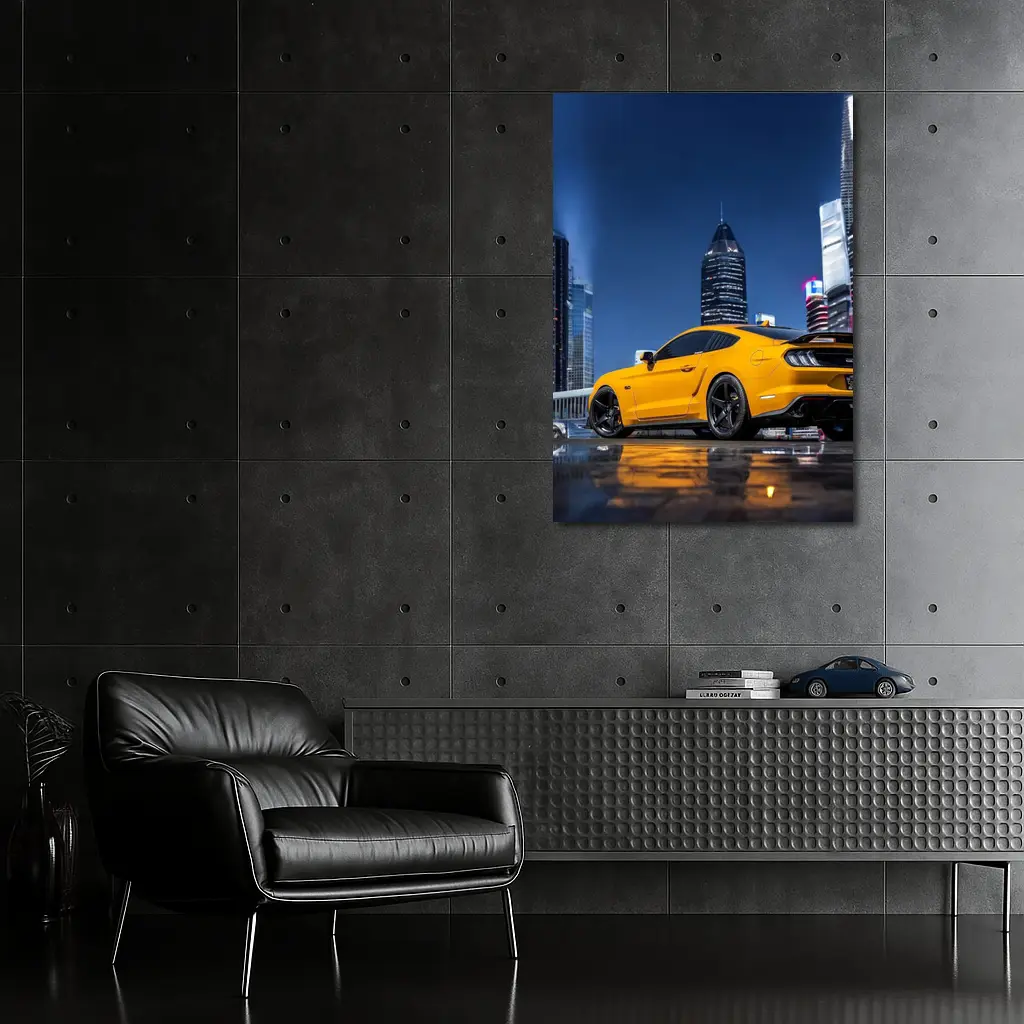 Ford Mustang Yellow Night City Skyline – Wall Art