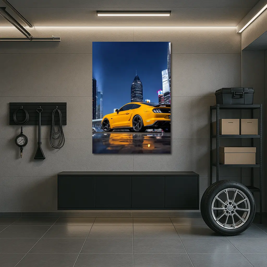 Ford Mustang Yellow Night City Skyline – Wall Art