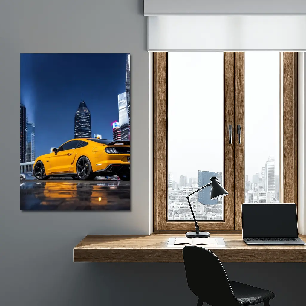 Ford Mustang Yellow Night City Skyline – Wall Art