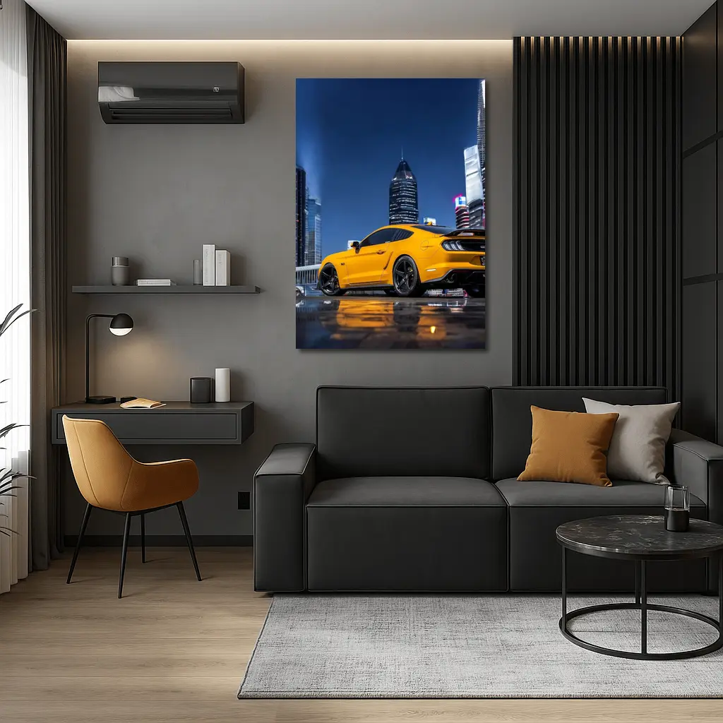 Ford Mustang Yellow Night City Skyline – Wall Art