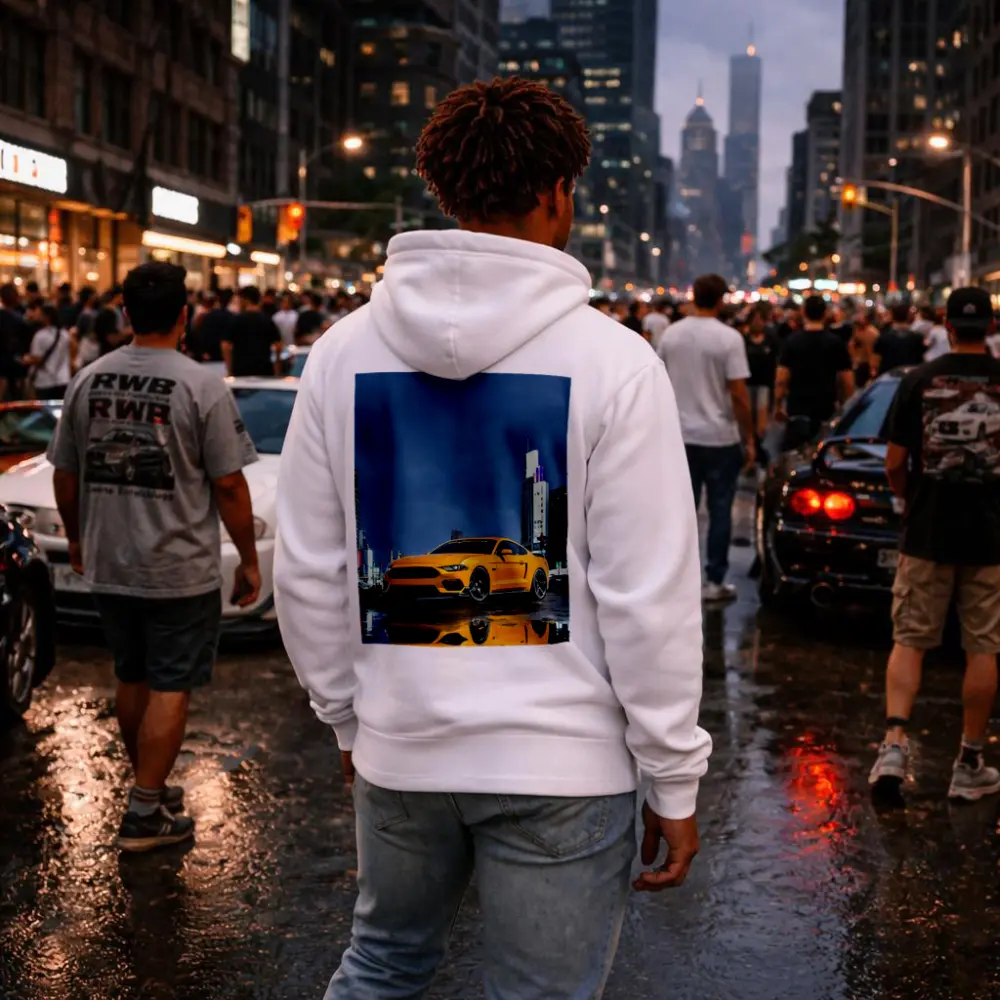 Ford Mustang Yellow Rainy Night City – Hoodies