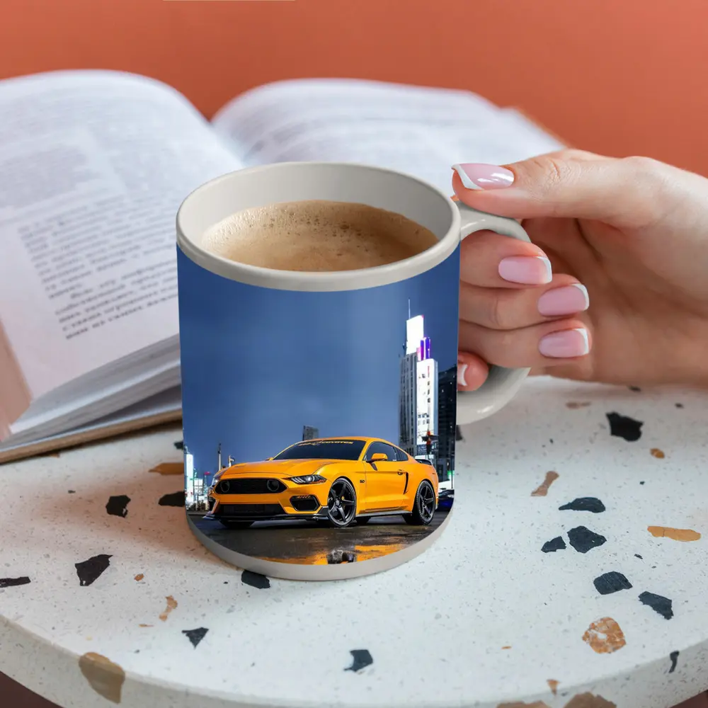 Ford Mustang Yellow Rainy Night City – Mugs