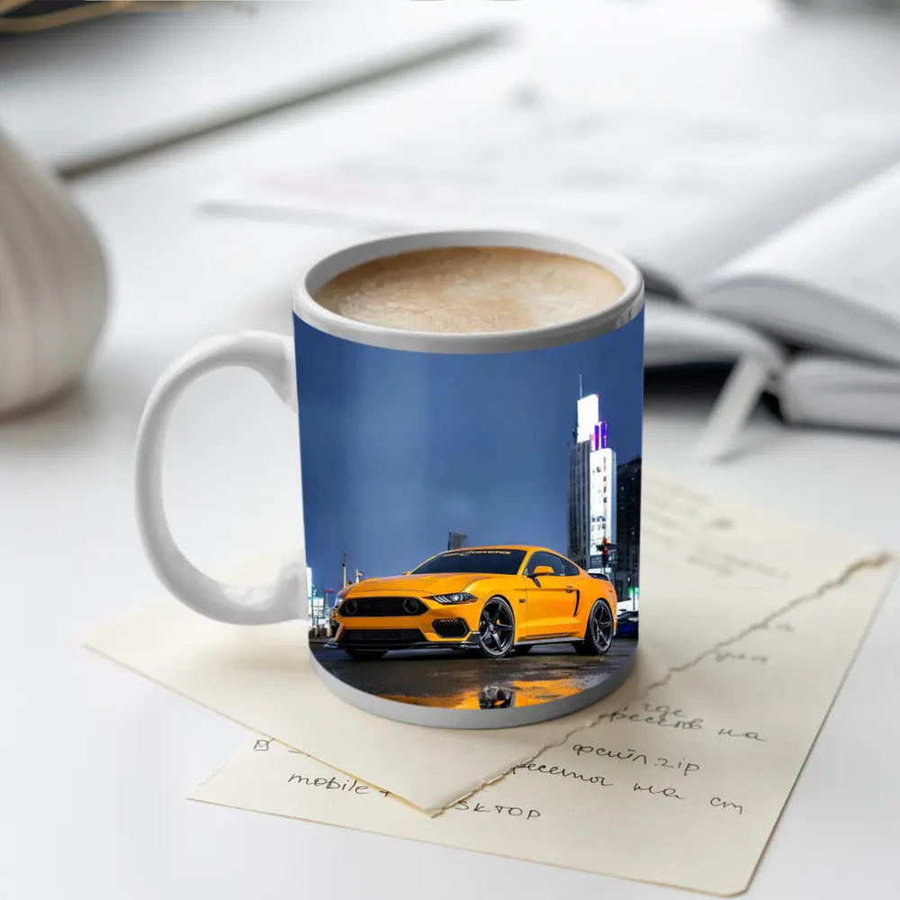 Ford Mustang Yellow Rainy Night City – Mugs
