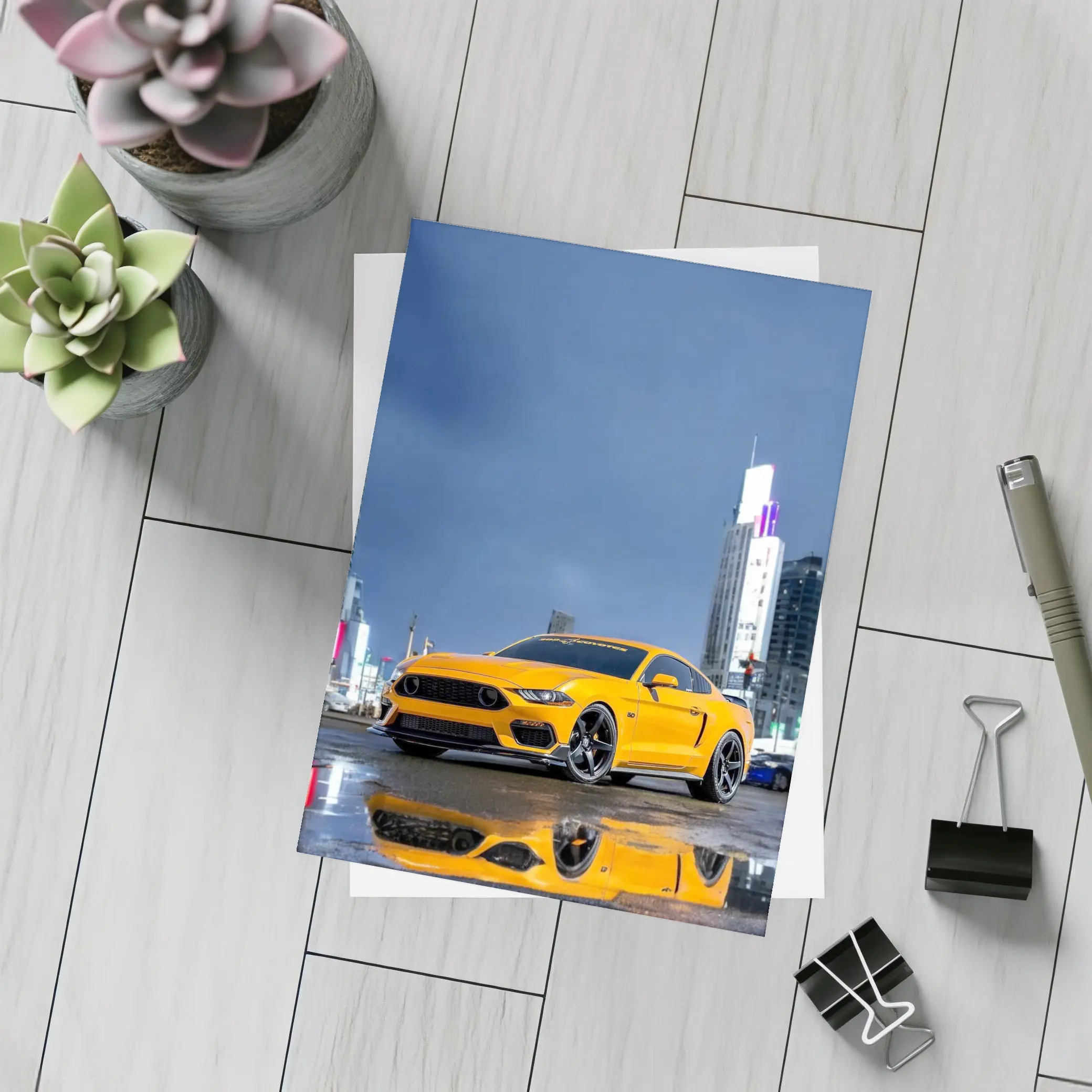Ford Mustang Yellow Rainy Night City – Postcards
