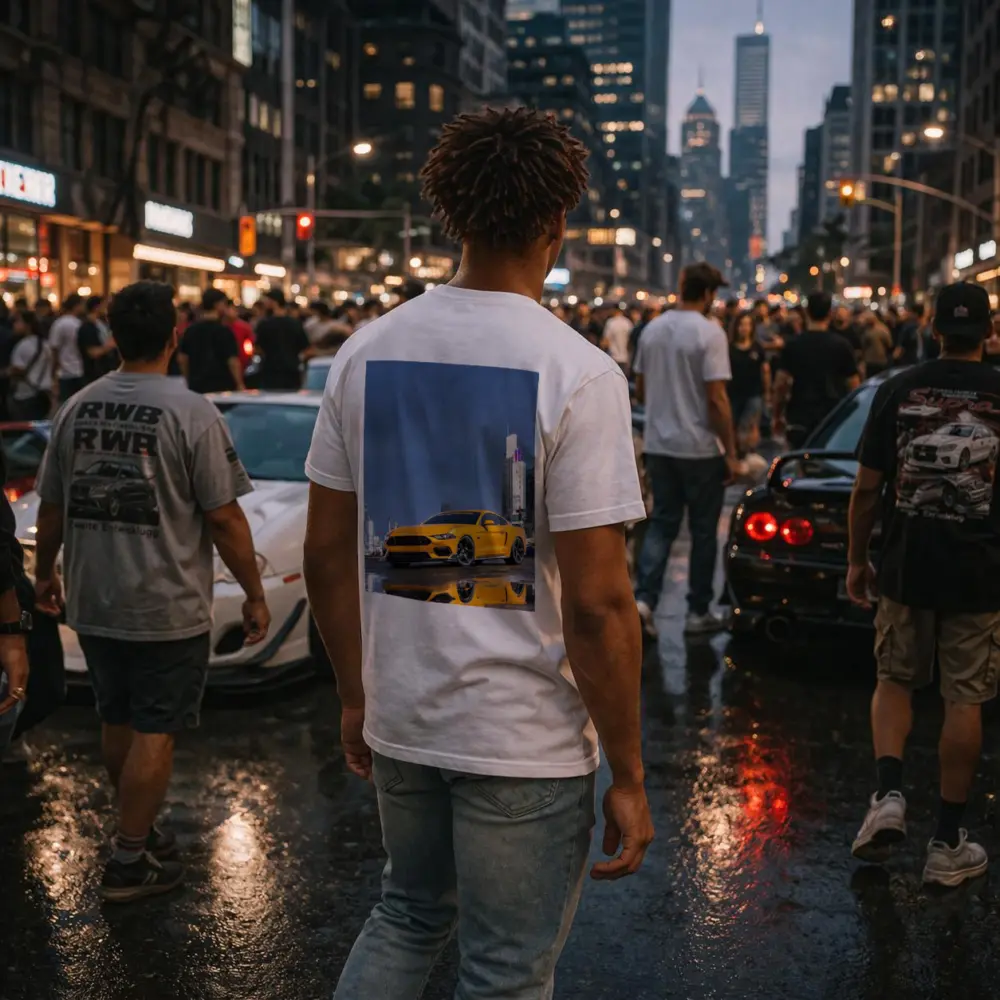 Ford Mustang Yellow Rainy Night City – T-Shirts