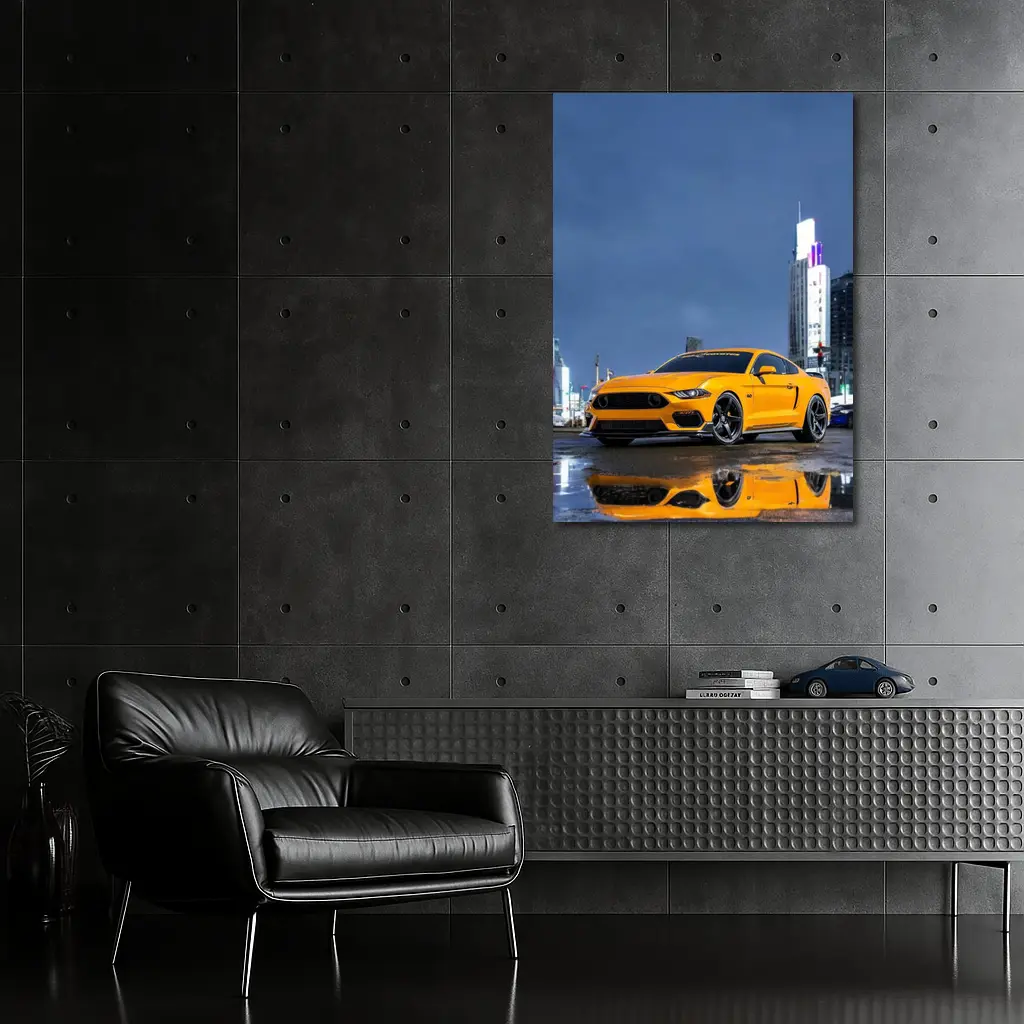 Ford Mustang Yellow Rainy Night City – Wall Art