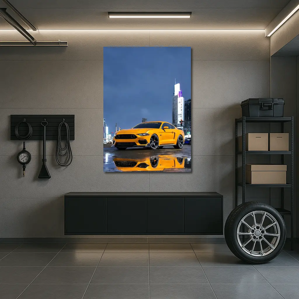 Ford Mustang Yellow Rainy Night City – Wall Art