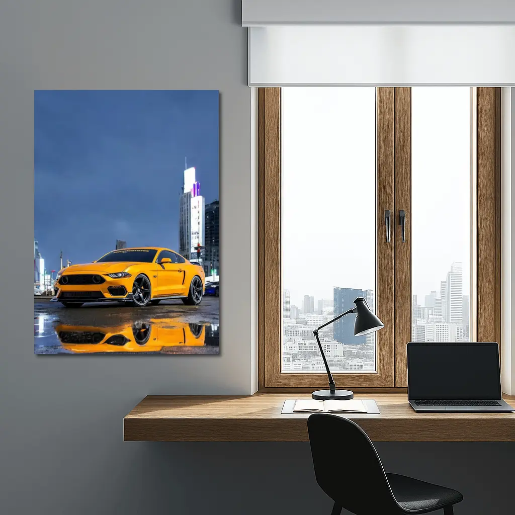 Ford Mustang Yellow Rainy Night City – Wall Art