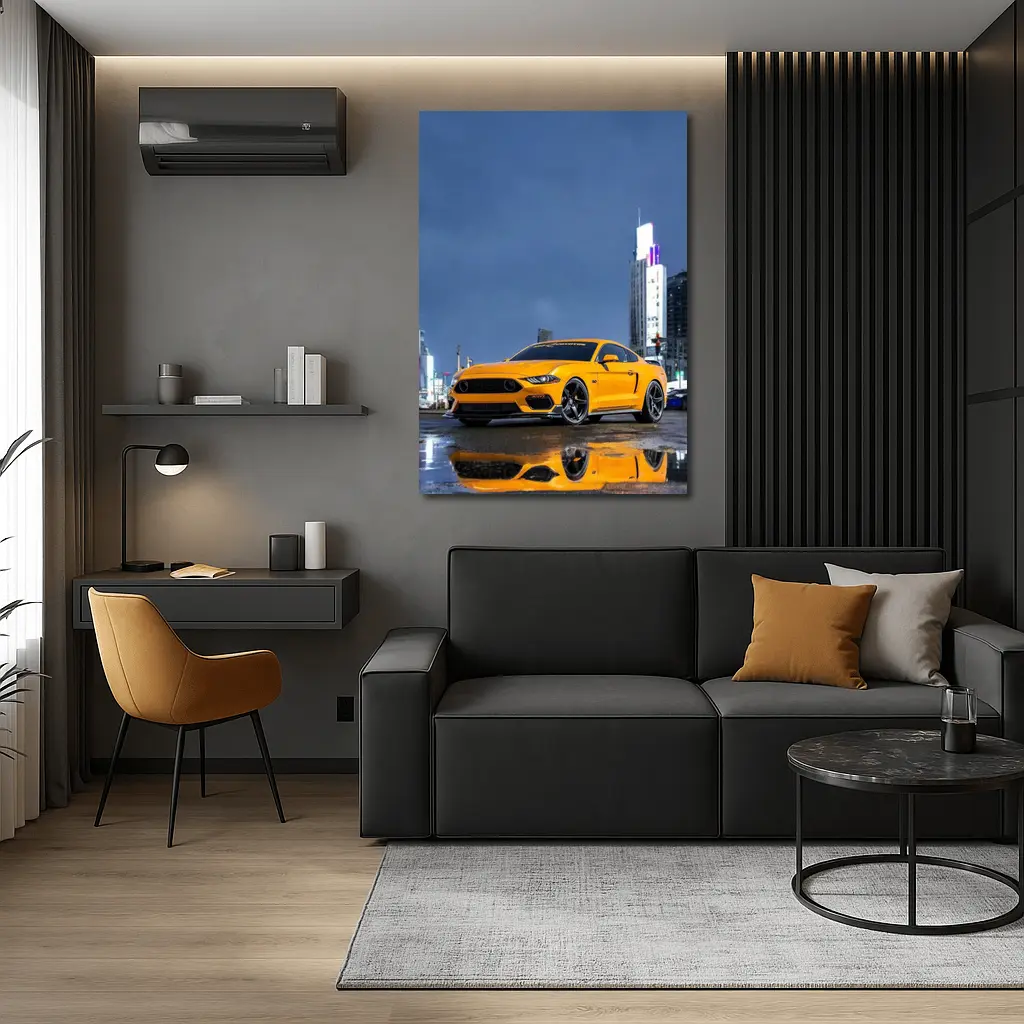 Ford Mustang Yellow Rainy Night City – Wall Art