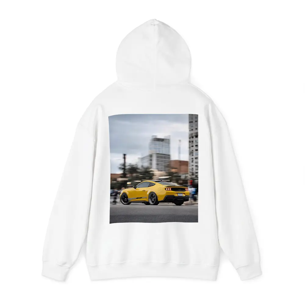 Yellow Ford Mustang Racing Through City Streets – Hoodies