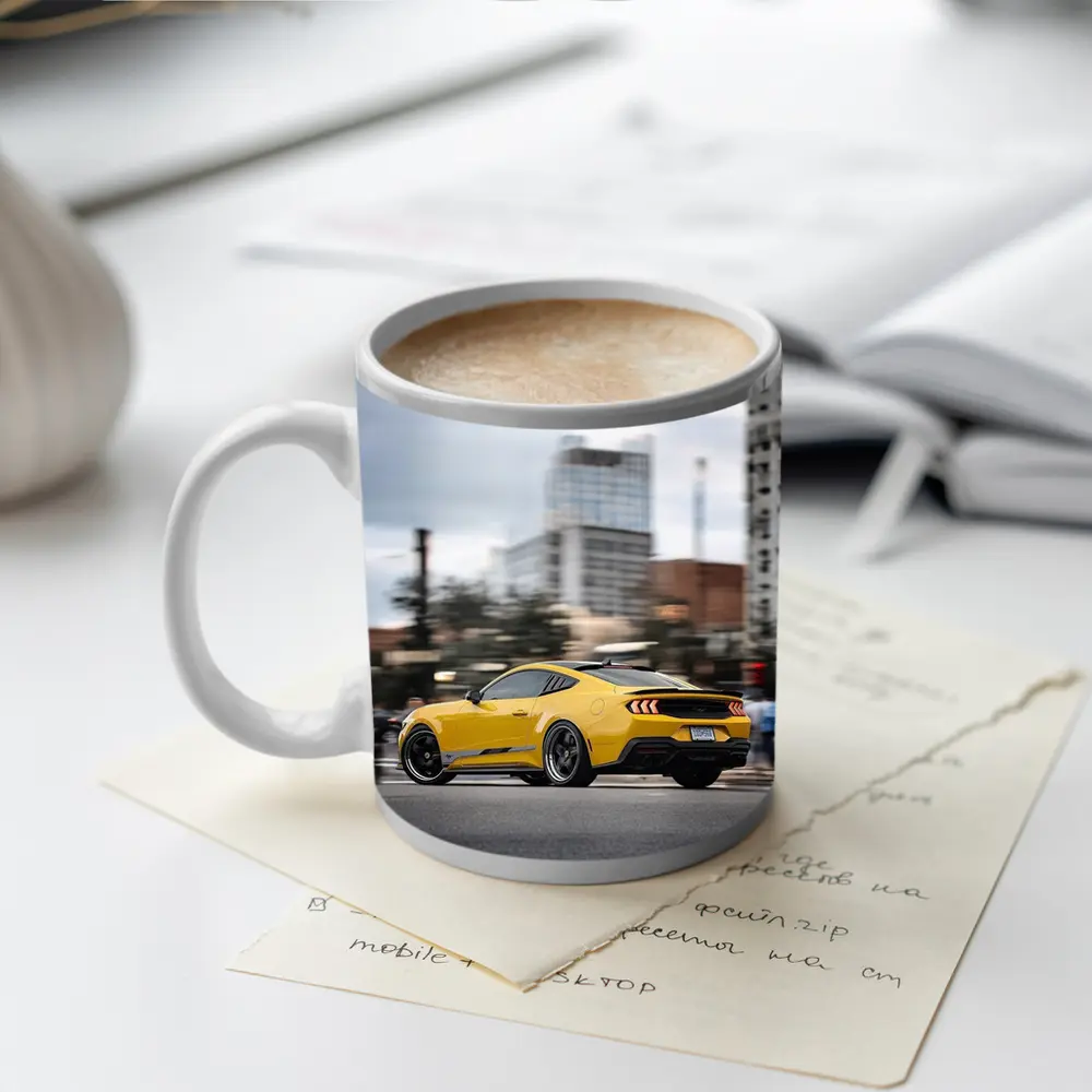 Yellow Ford Mustang Racing Through City Streets – Mugs